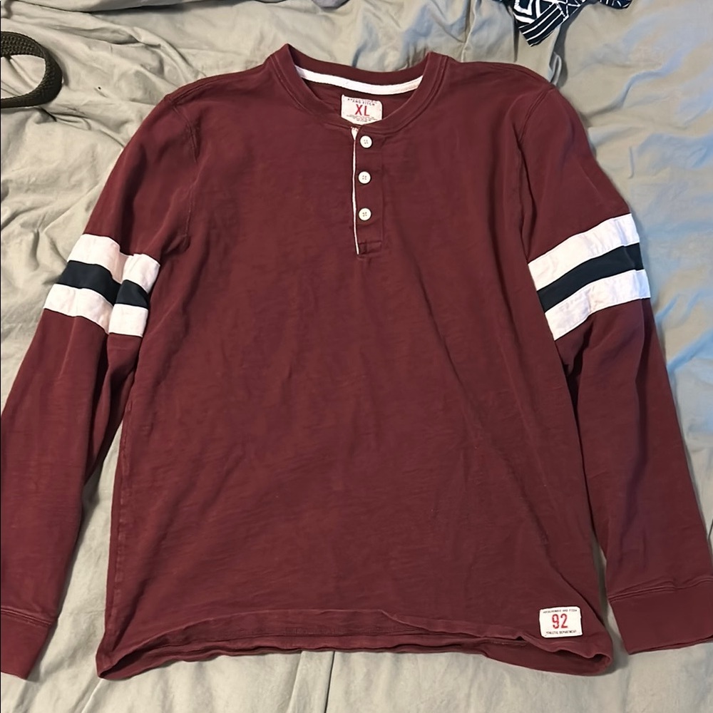 Abercrombie & Fitch Red and White Long Sleeve Tee with Varsity Stripes